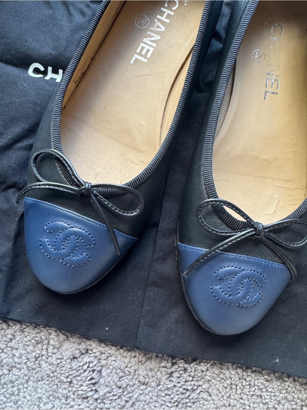 CHANEL Black and Navy Cap-Toe Ballet Flats - Picture 2 of 7